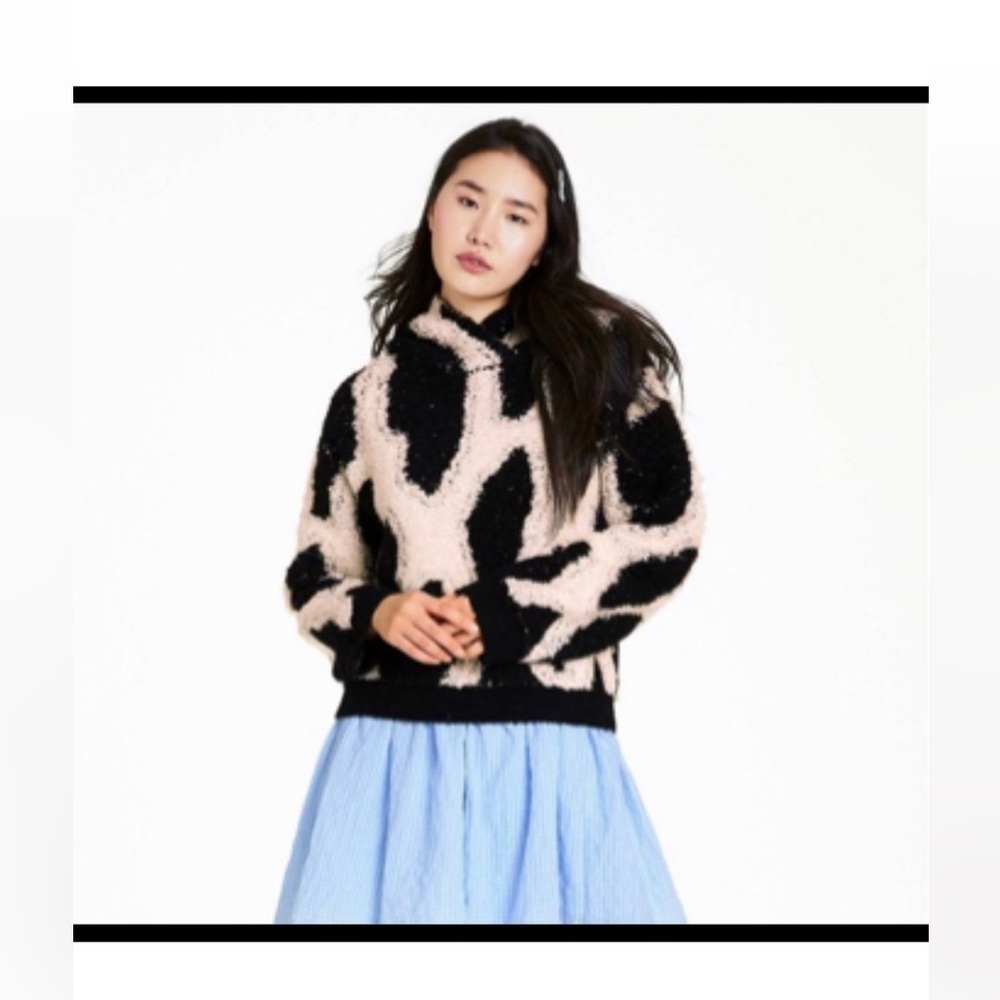 Sandy Liang Leopard Print Black Cream Sherpa Hoodie Sweater Sweatshirt Sz M